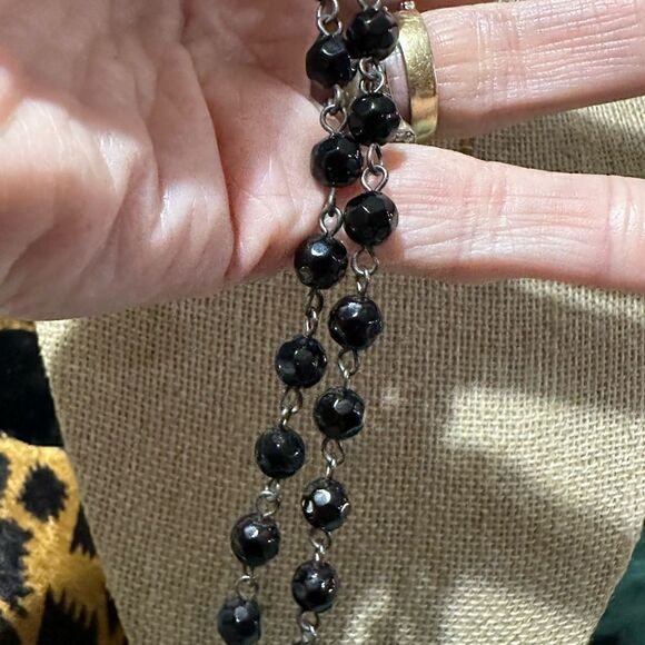 Vintage Glass Mourning Bead Victorian Style Medallion Necklace 16” - Picture 3 of 4